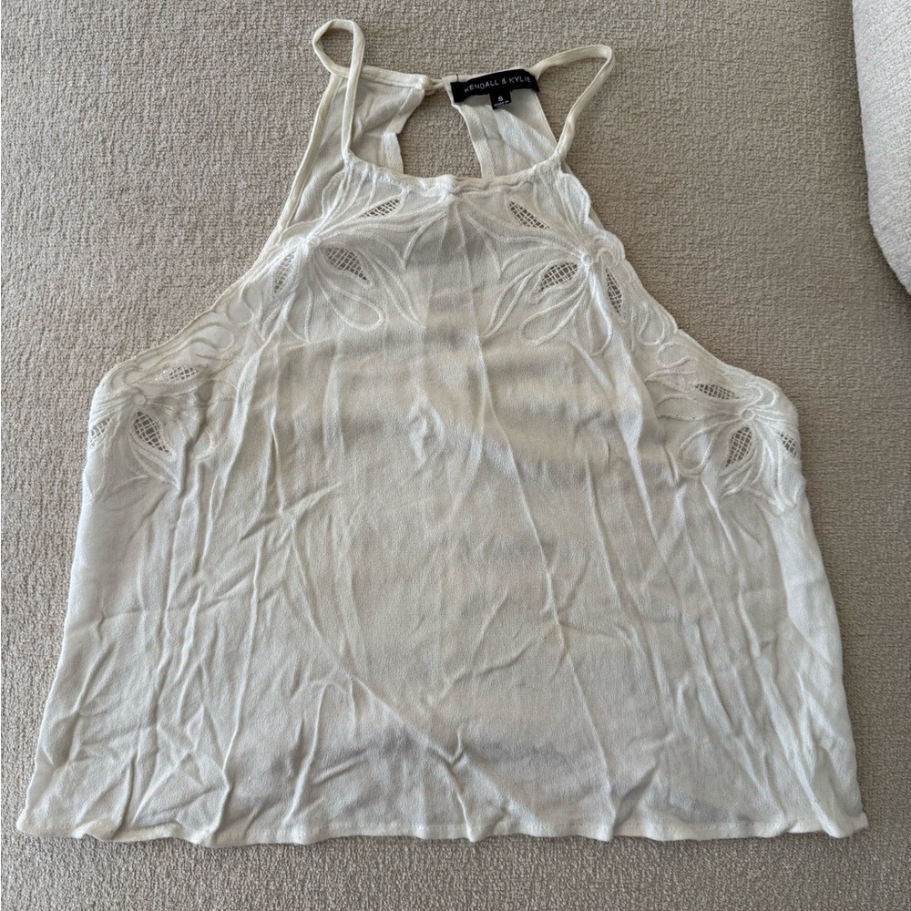 Kendall & Kylie White Lace-Trim Halter Tank Top